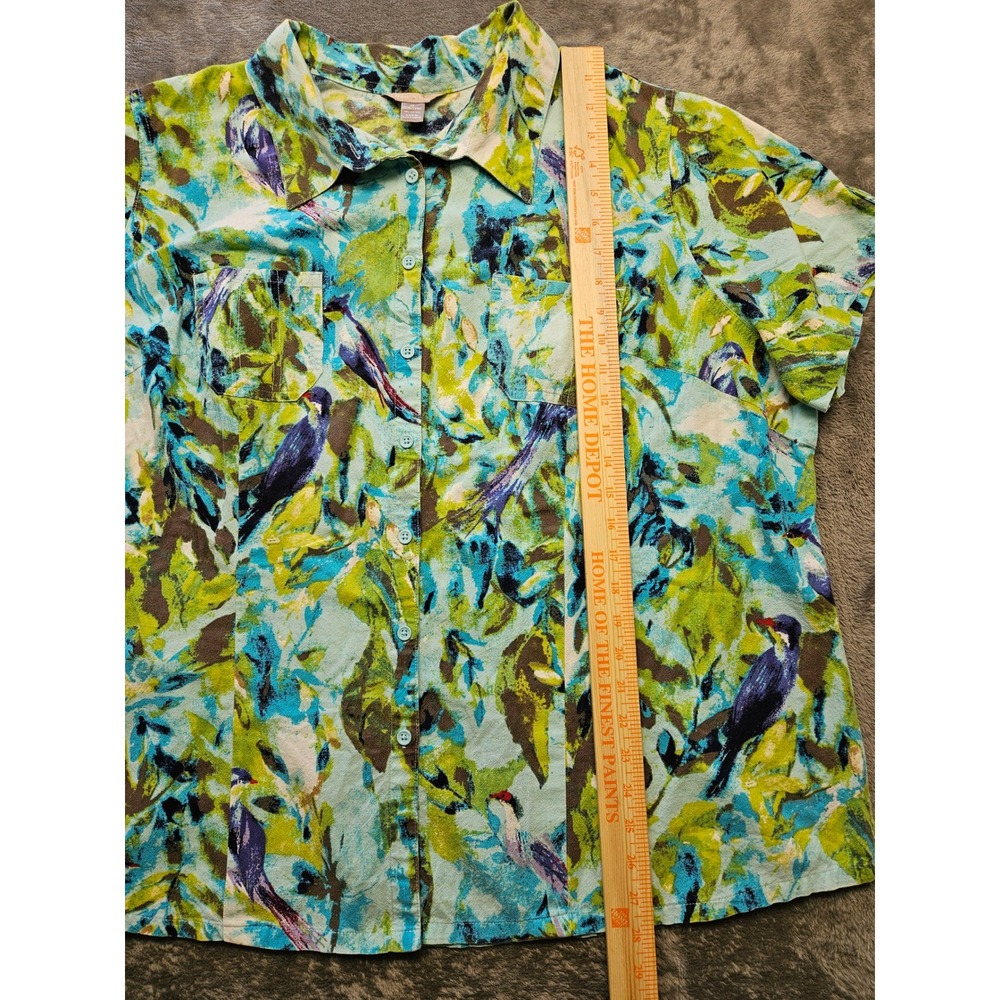 White Stag Womens 3X Tropical Bird Print Cotton Button Front Blouse Teal Green - Picture 4 of 6